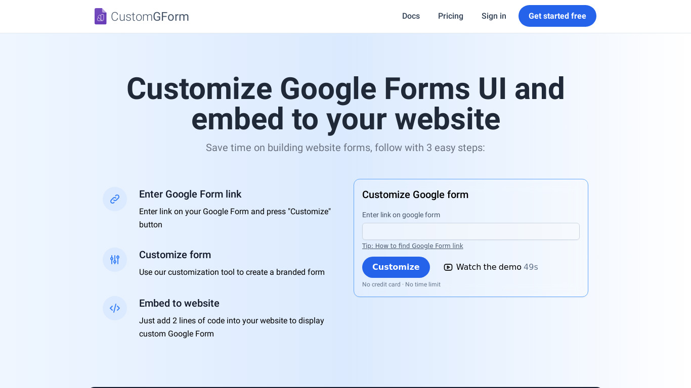 Customize UI for Google Forms Landing page