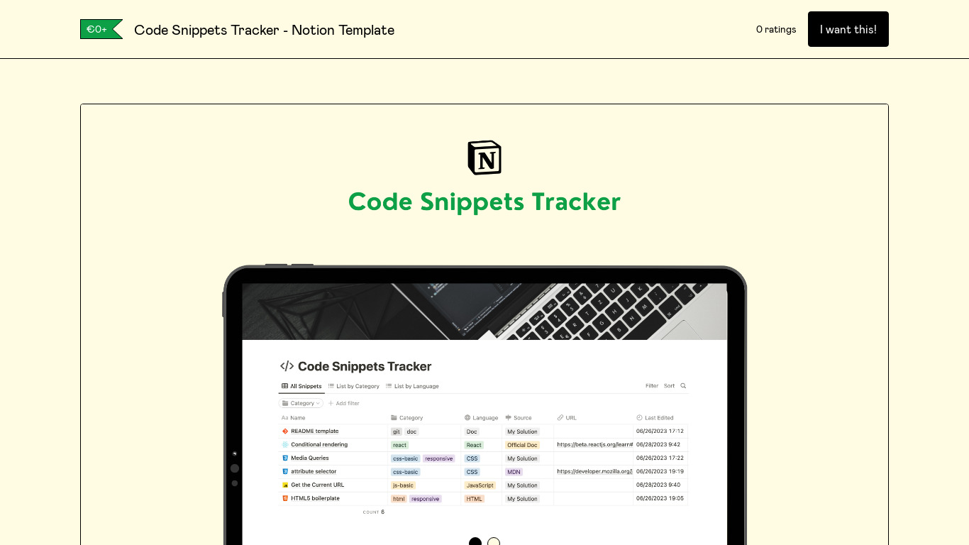Code Snippets Tracker - Notion Template Landing page