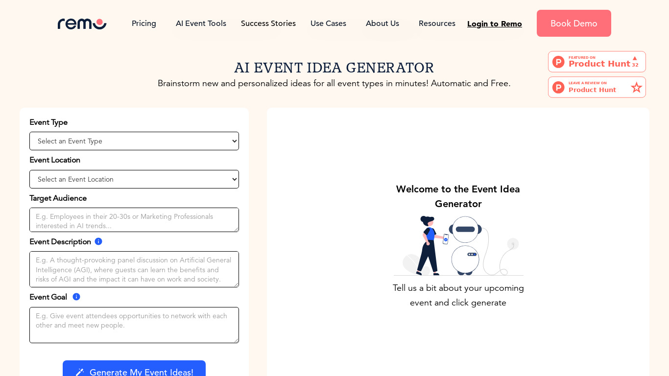 AI Event Idea Generator Landing page