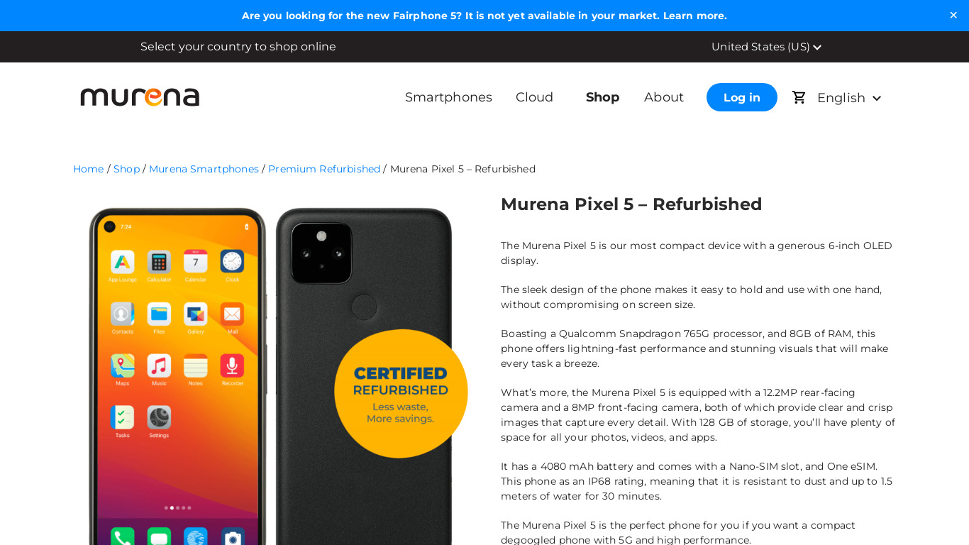 Murena Pixel 5 with Google-free /e/OS Landing page