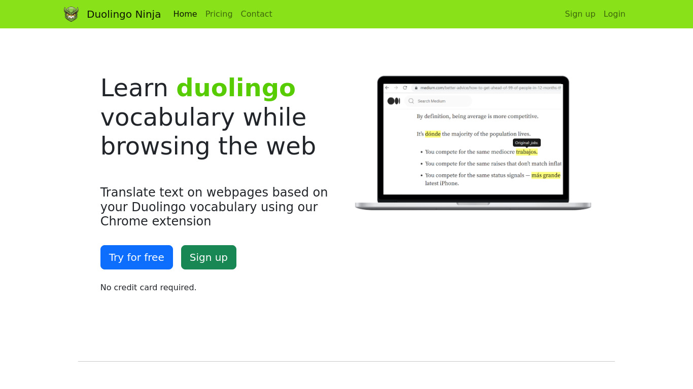 Duolingo Ninja Landing page