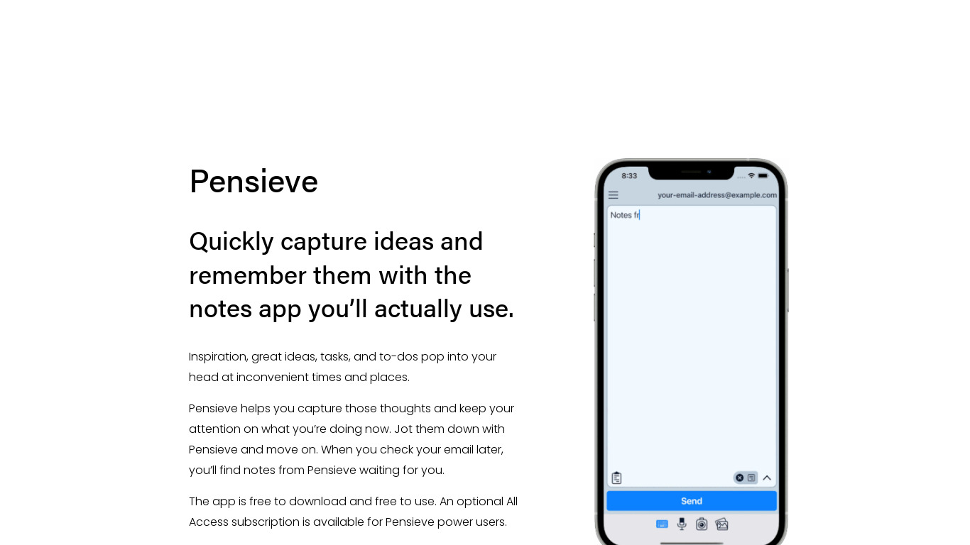Pensieve - Email Notes to Yourself Landing page