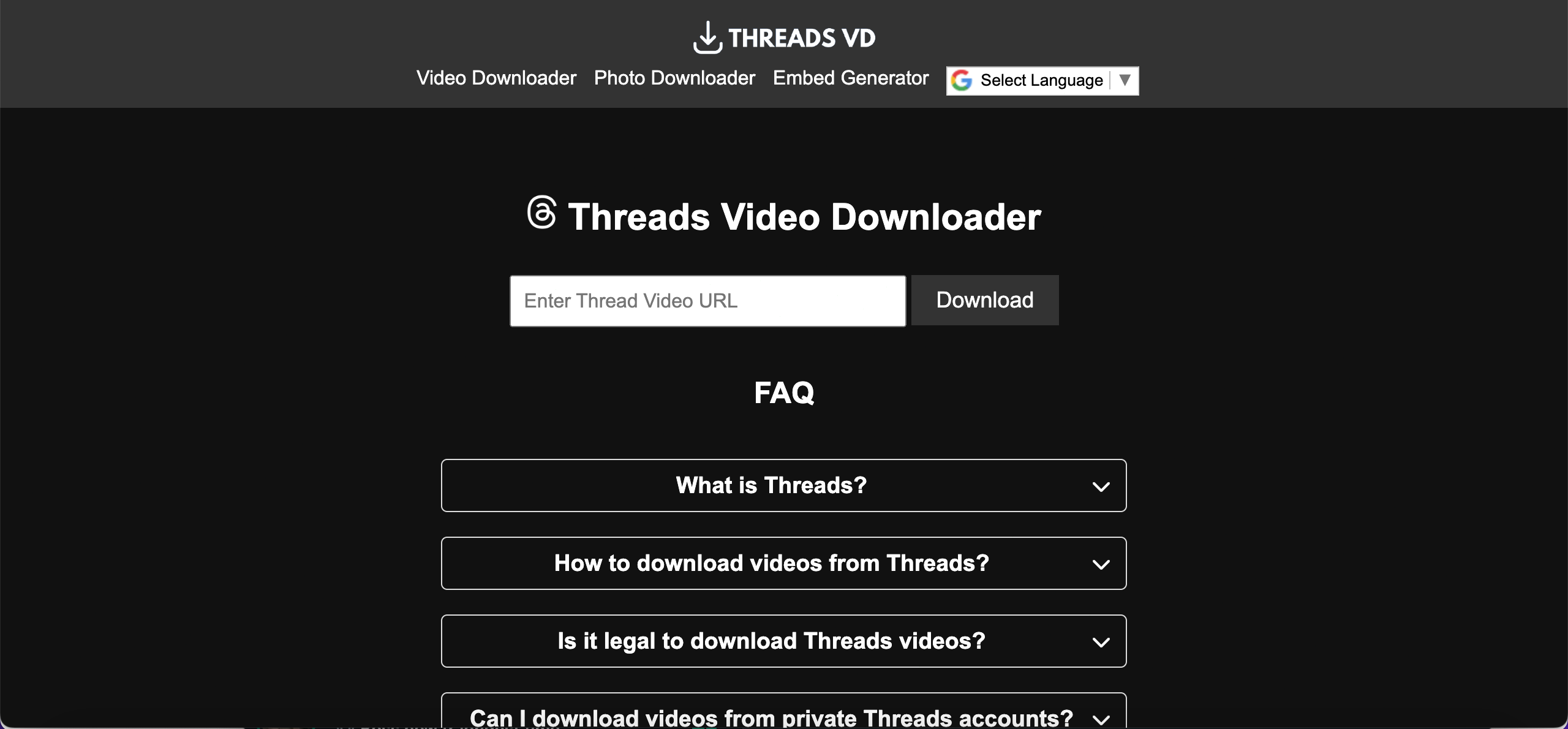 ThreadsVD Downloader Landing page