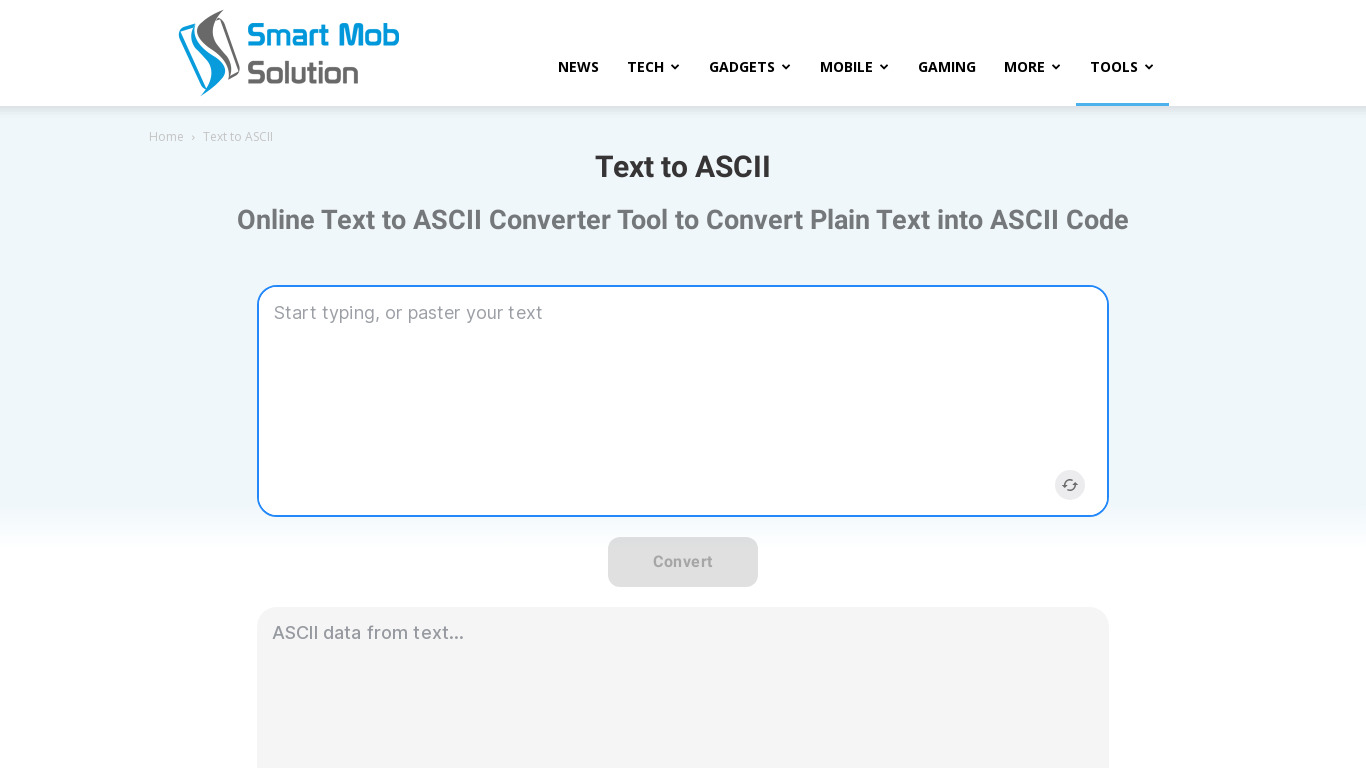 Convert Text into ASCII Code Landing page