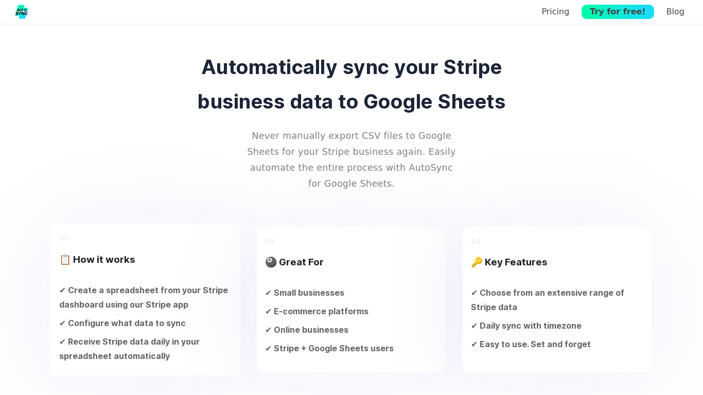 AutoSync for Google Sheets Stripe add-on Landing page