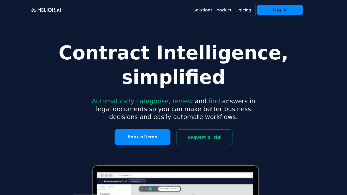Melior Contract Intelligence AI Landing page