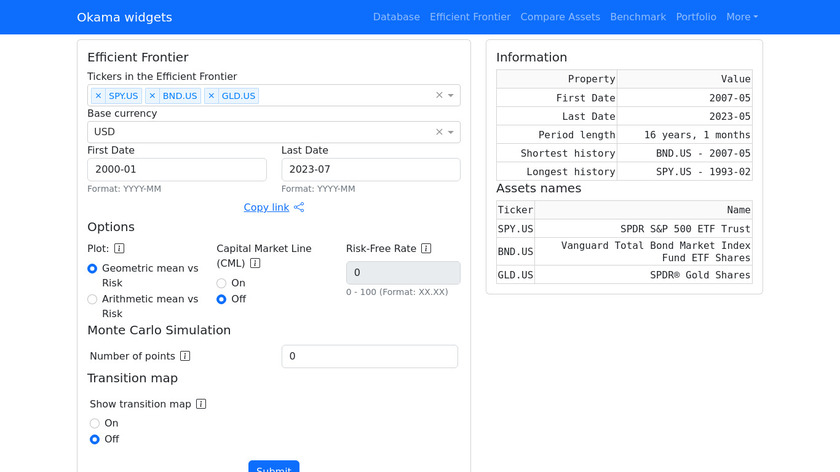 Okama portfolio analyzing tools Landing Page