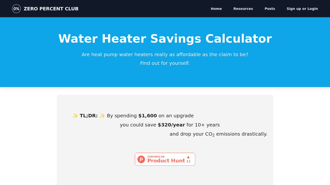 Hybrid Water Heater Savings Calculator Landing page
