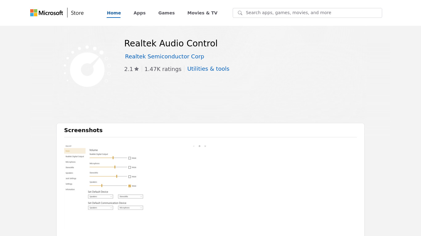 Realtek Audio Control Landing page