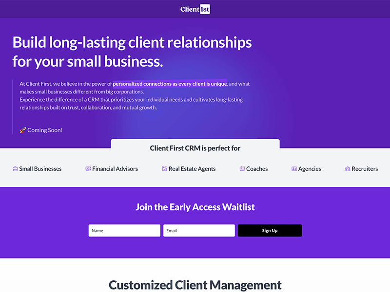 Client First CRM Landing page