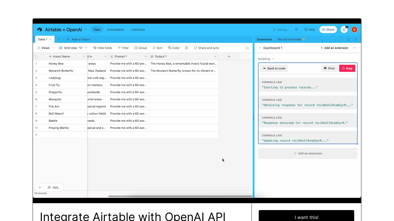 OpenAI API to Airtable Landing page