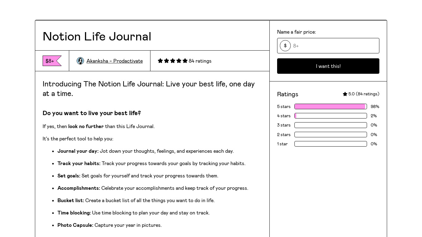 Notion Life Journal Landing page