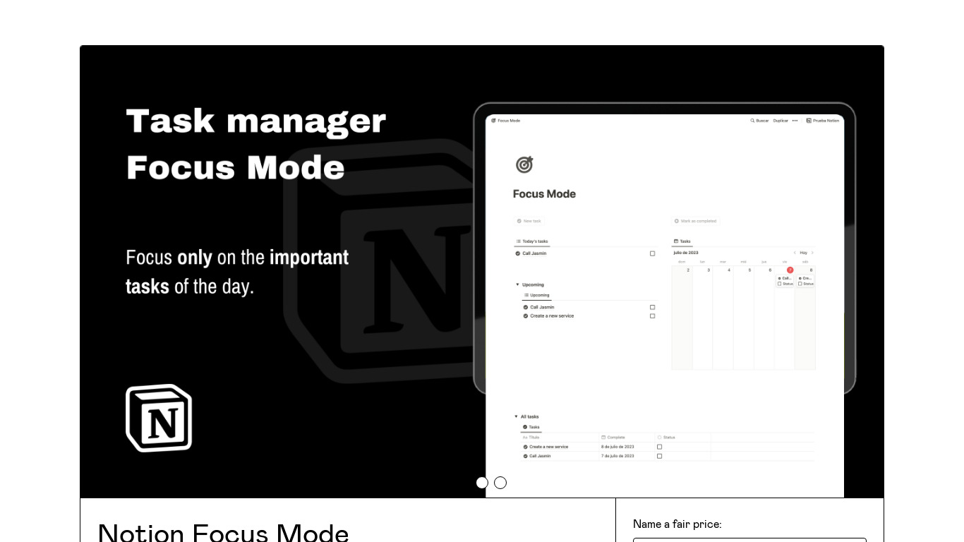 Notion Focus Mode Landing page
