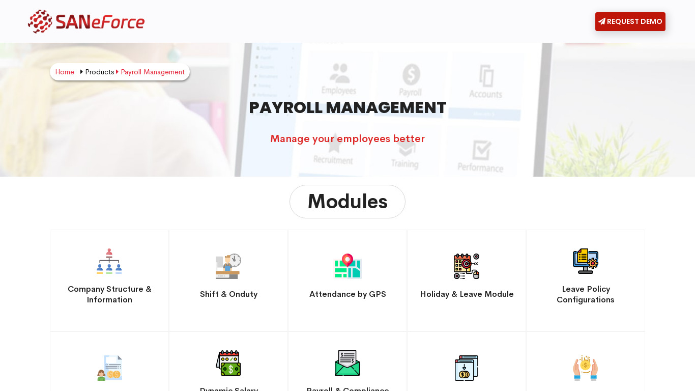 SANeForce Payroll Management Landing page