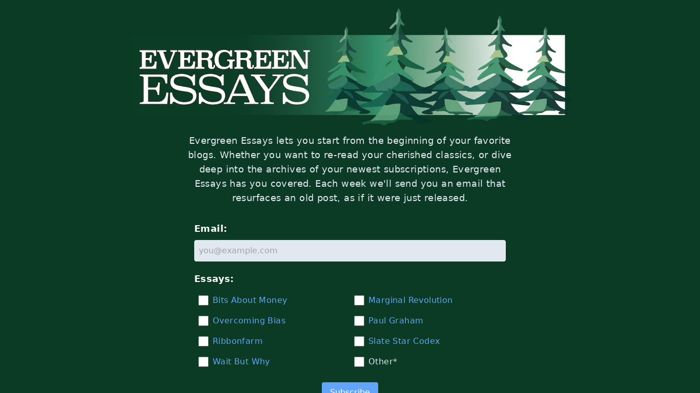 Evergreen Essays Landing page