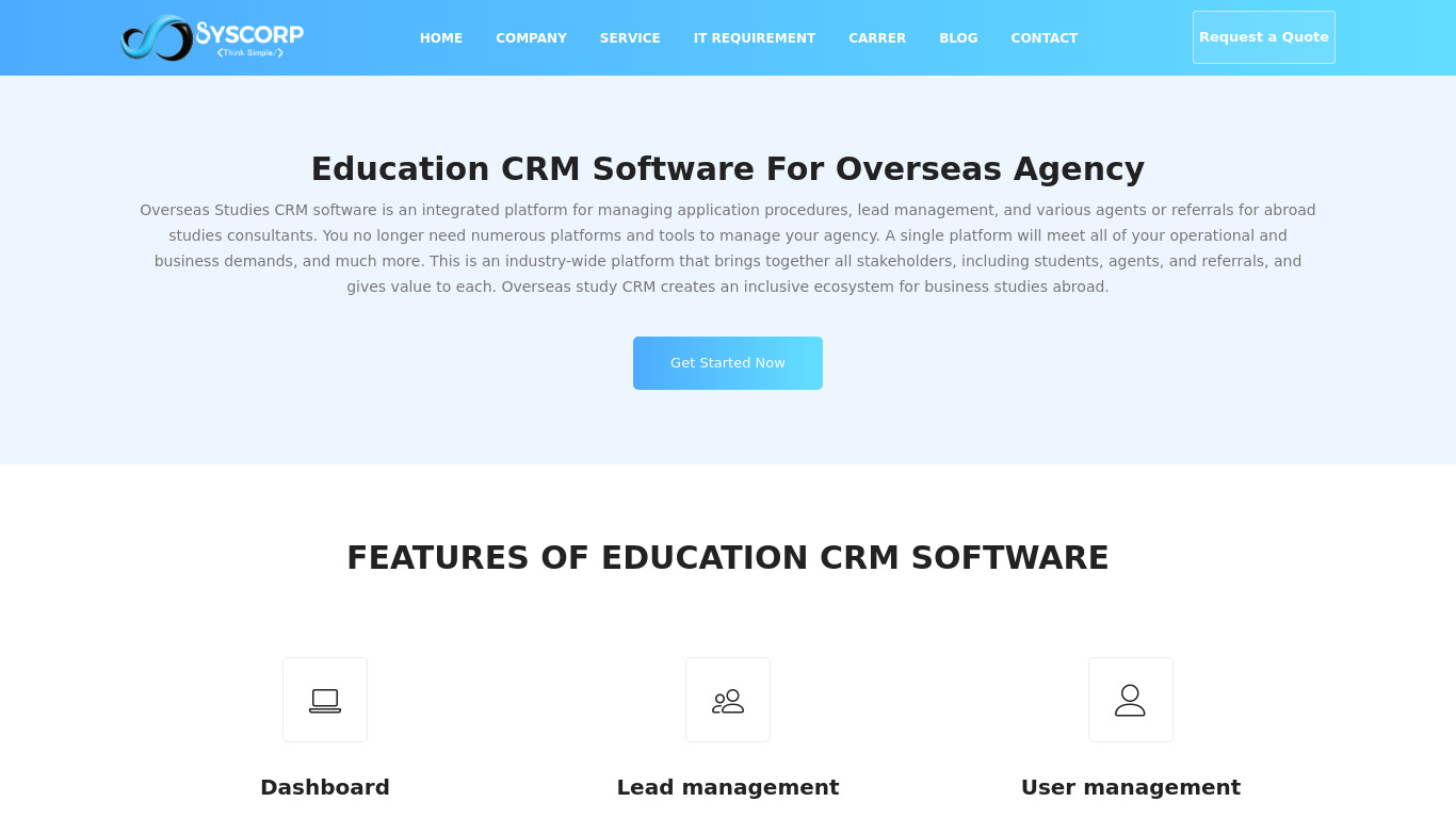 Syscorp Overseas Education CRM Software Landing page