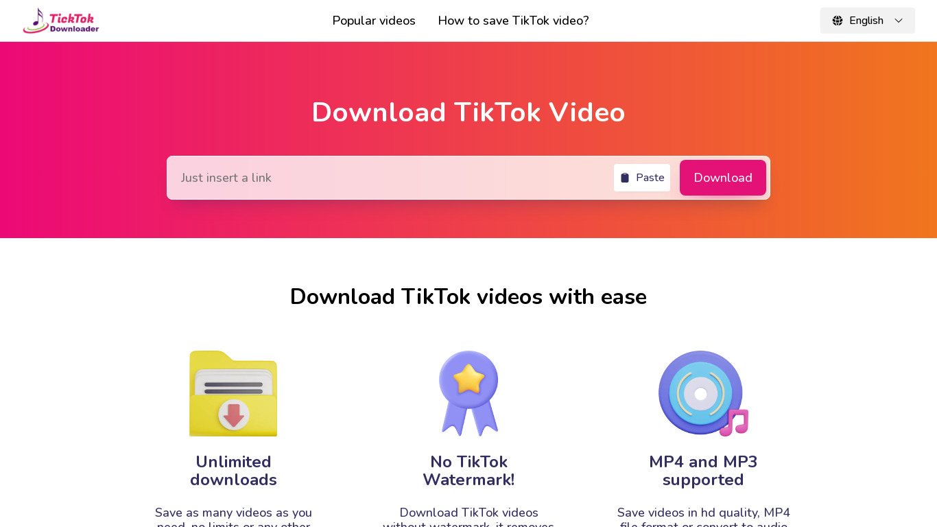 TickTok Downloader Landing page