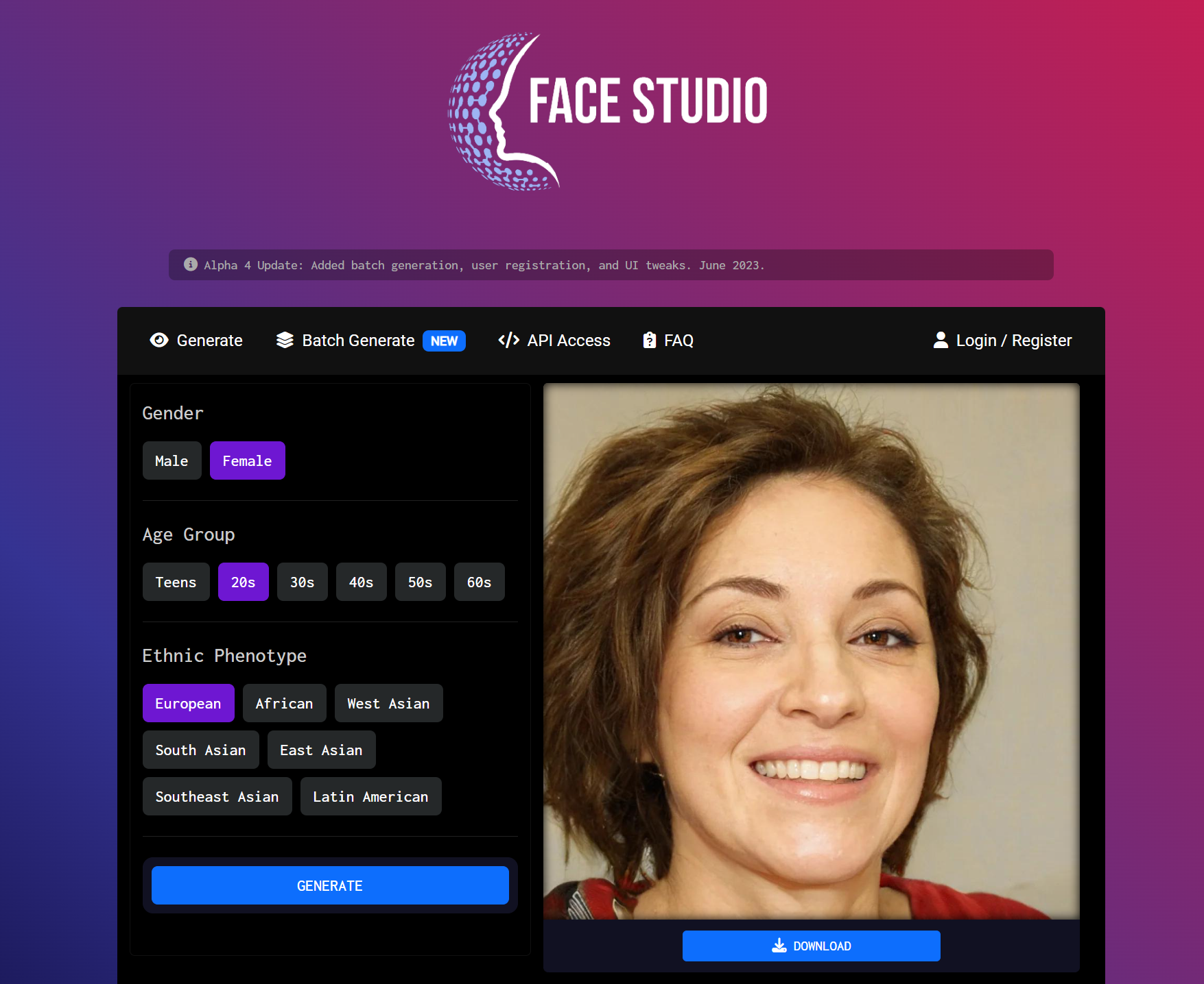 Face Studio Landing page