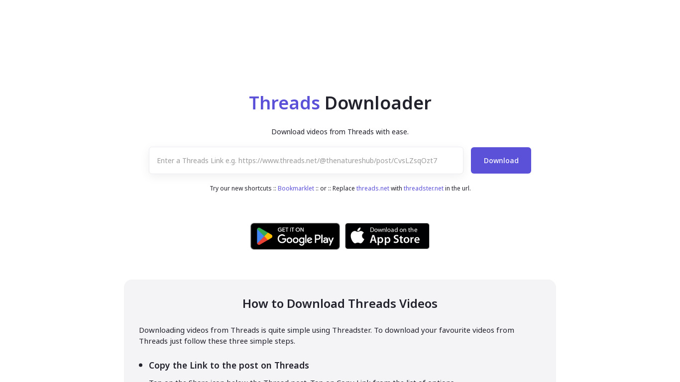Threads Video Downloader - Shortcut Landing page