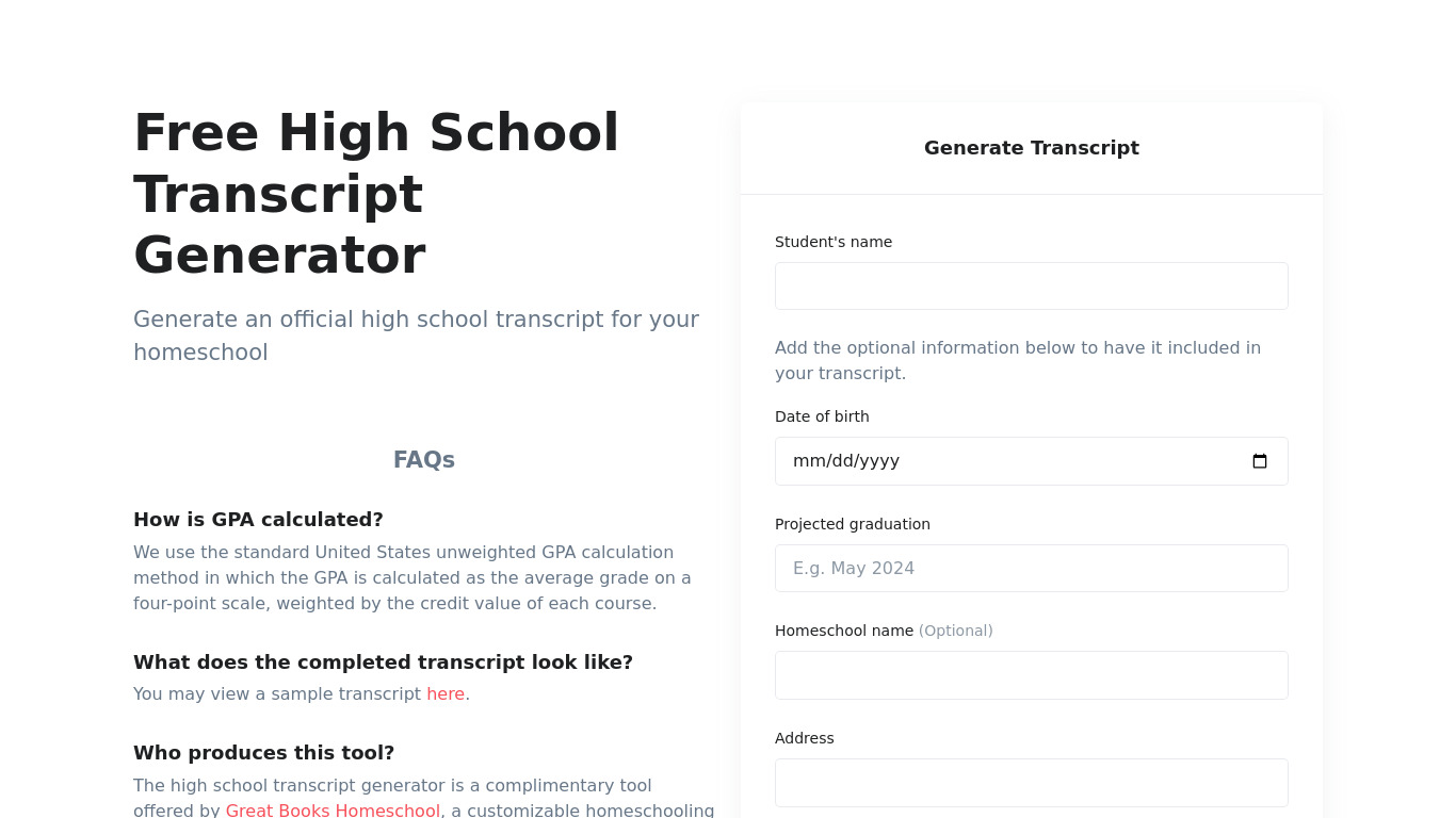 Free High School Transcript Generator Landing page