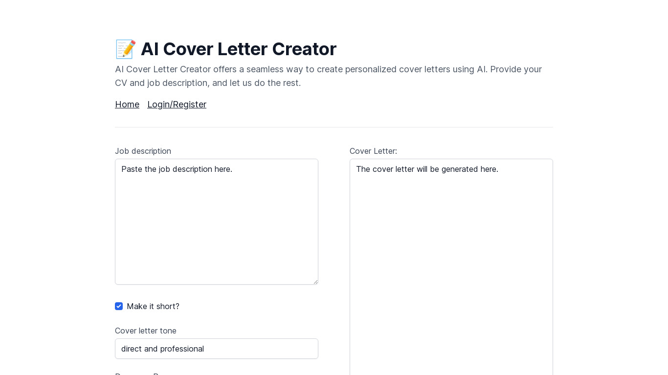 AI Cover Letter Creator Landing page