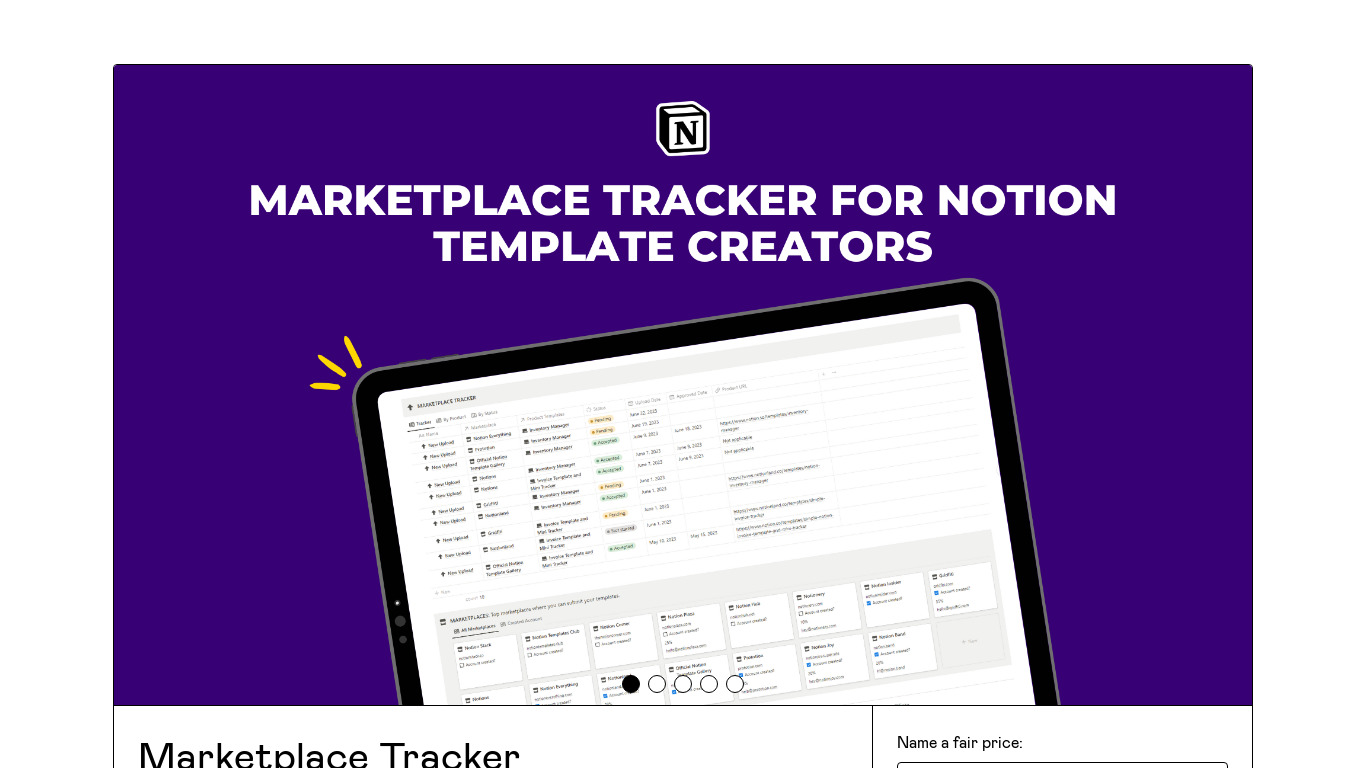 Marketplace Tracker for Notion Creators Landing page