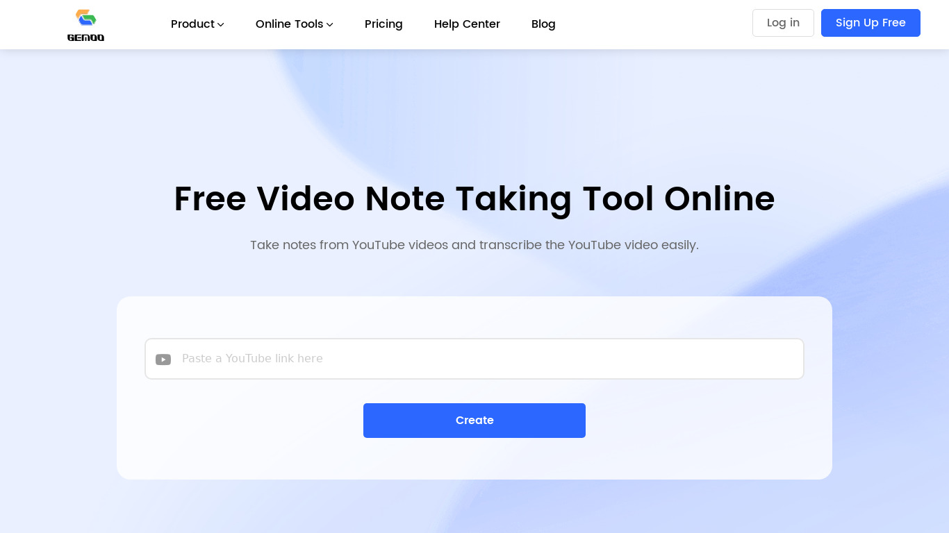 Gemoo YouTube Video Note Taking Tool Landing page