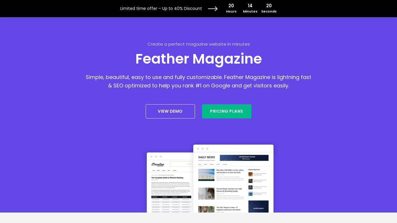 Feather Magazine WordPress Theme Landing page
