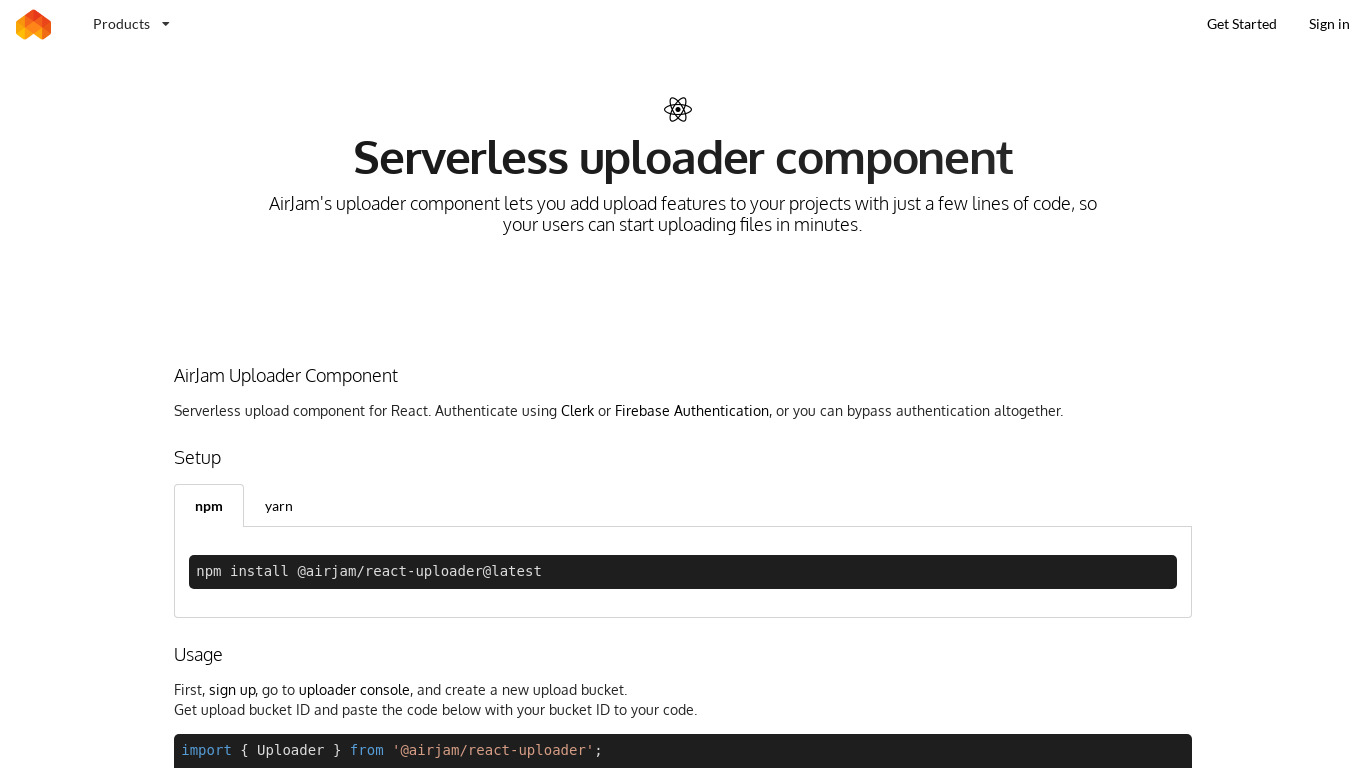 React.js Serverless Uploader Component Landing page