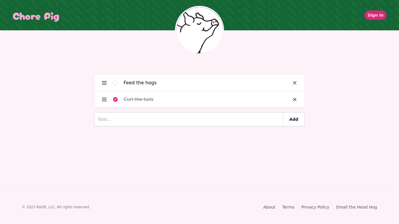 Chore Pig Landing page