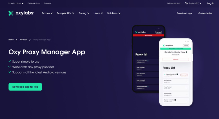 Oxy Proxy Manager App Landing Page