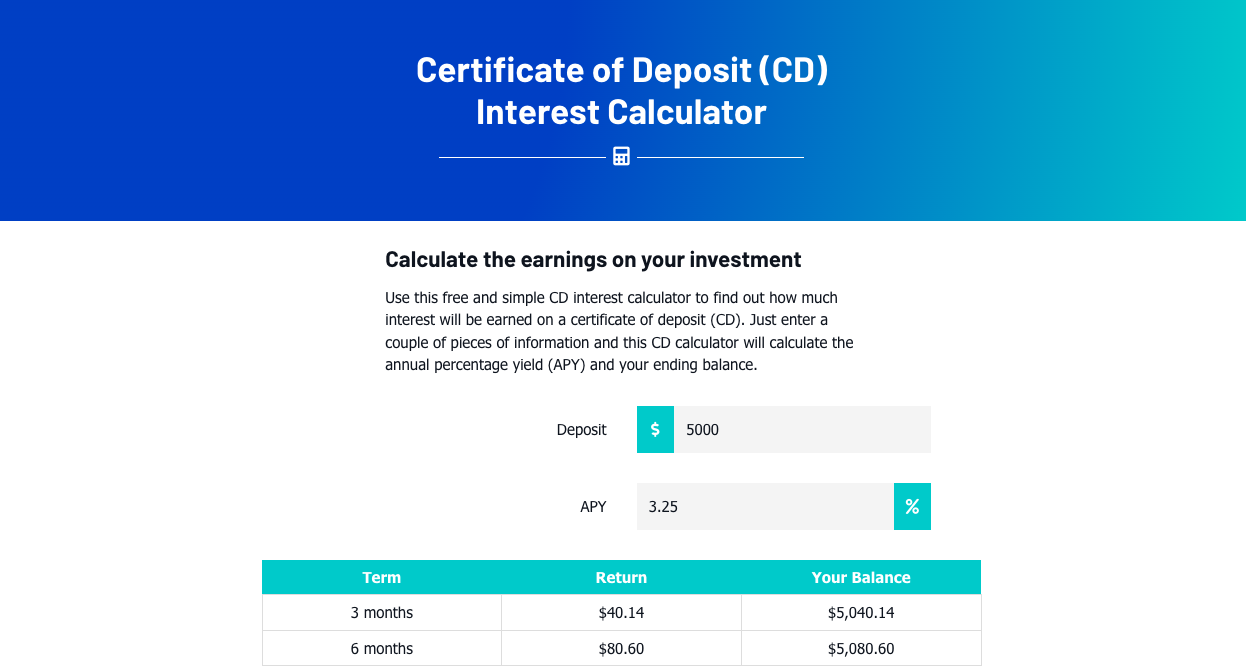 CD Interest Calculator Landing page