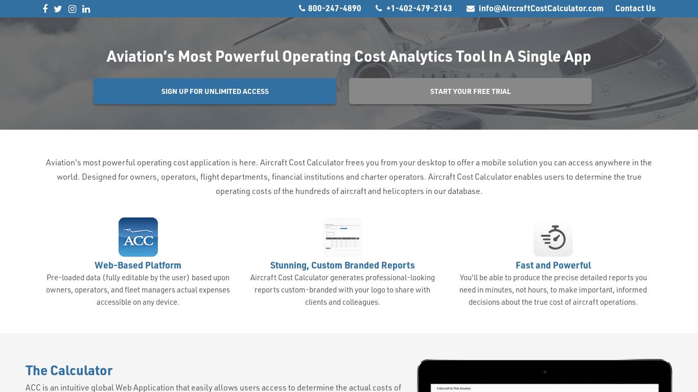 Aircraft Cost Calculator Landing page