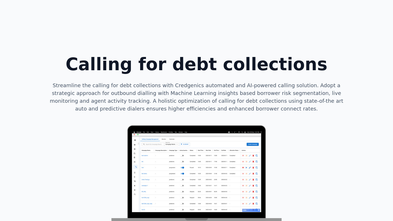 Credgenics Calling for debt collections Landing page