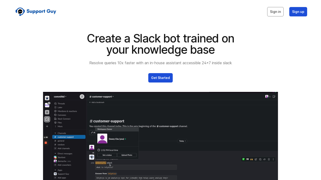 Custom Slack Bot Landing page