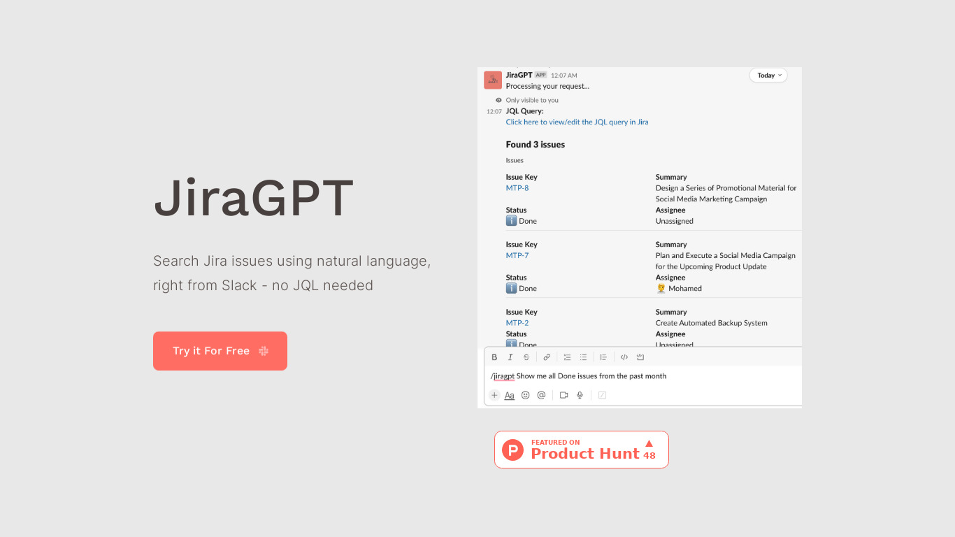 JiraGPT Landing page