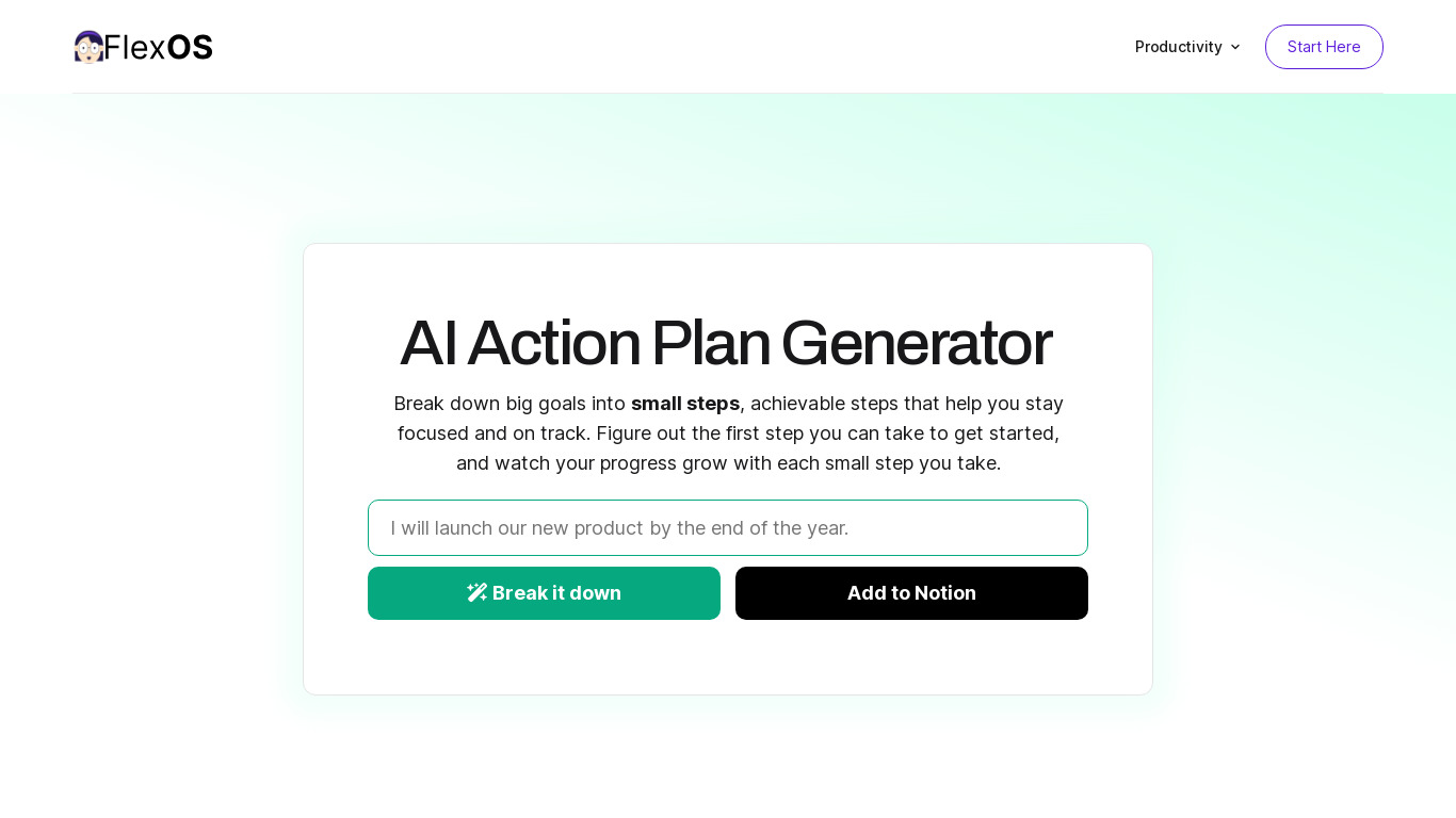 AI Action Plan Generator Landing page