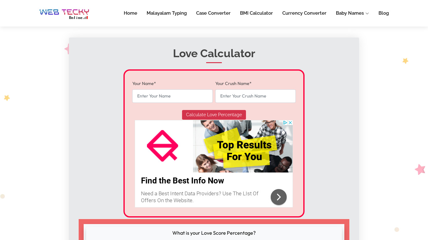 WebTecky Love Calculator Landing page
