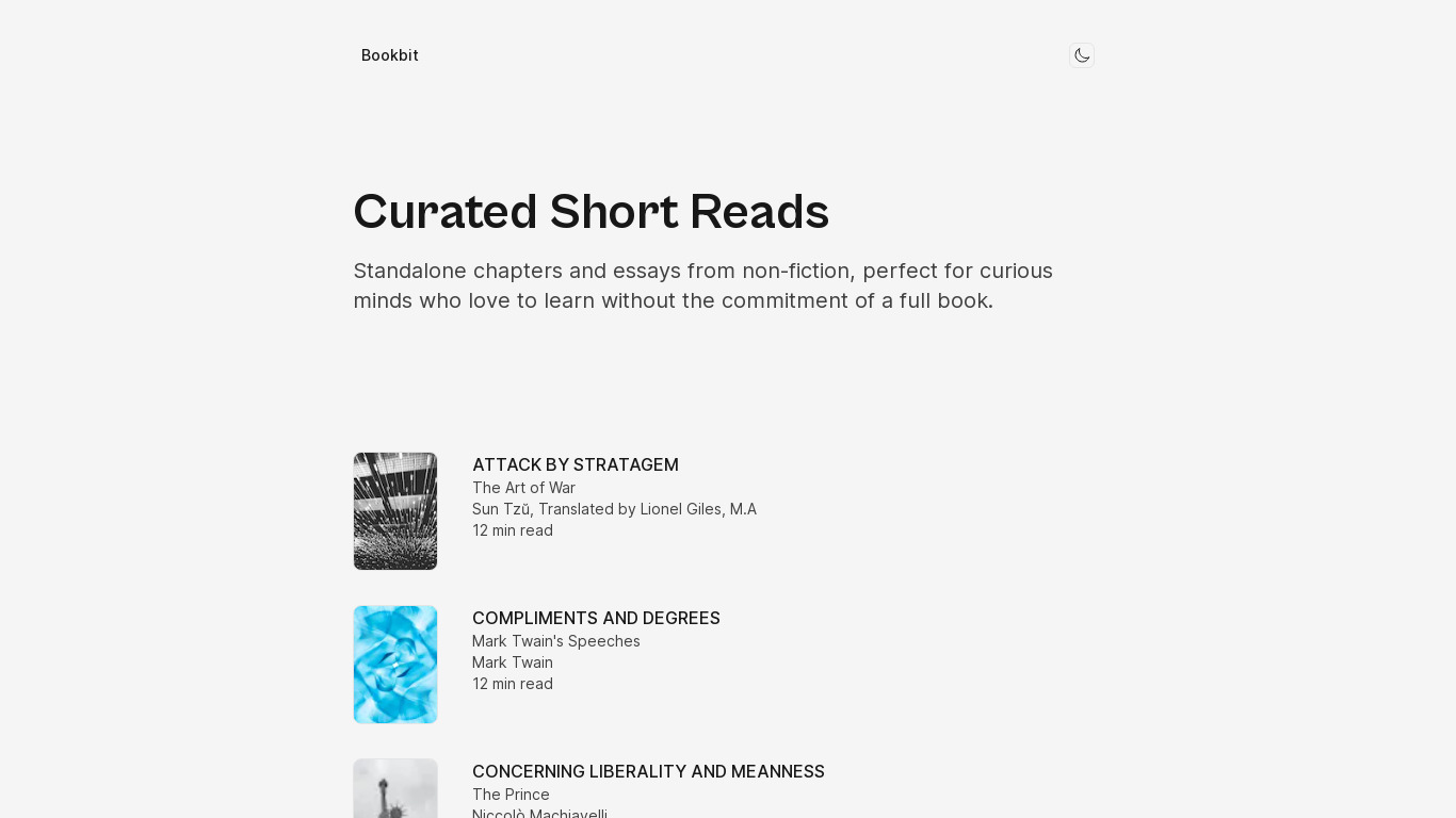 Bookbits: Curated Short Reads Landing page