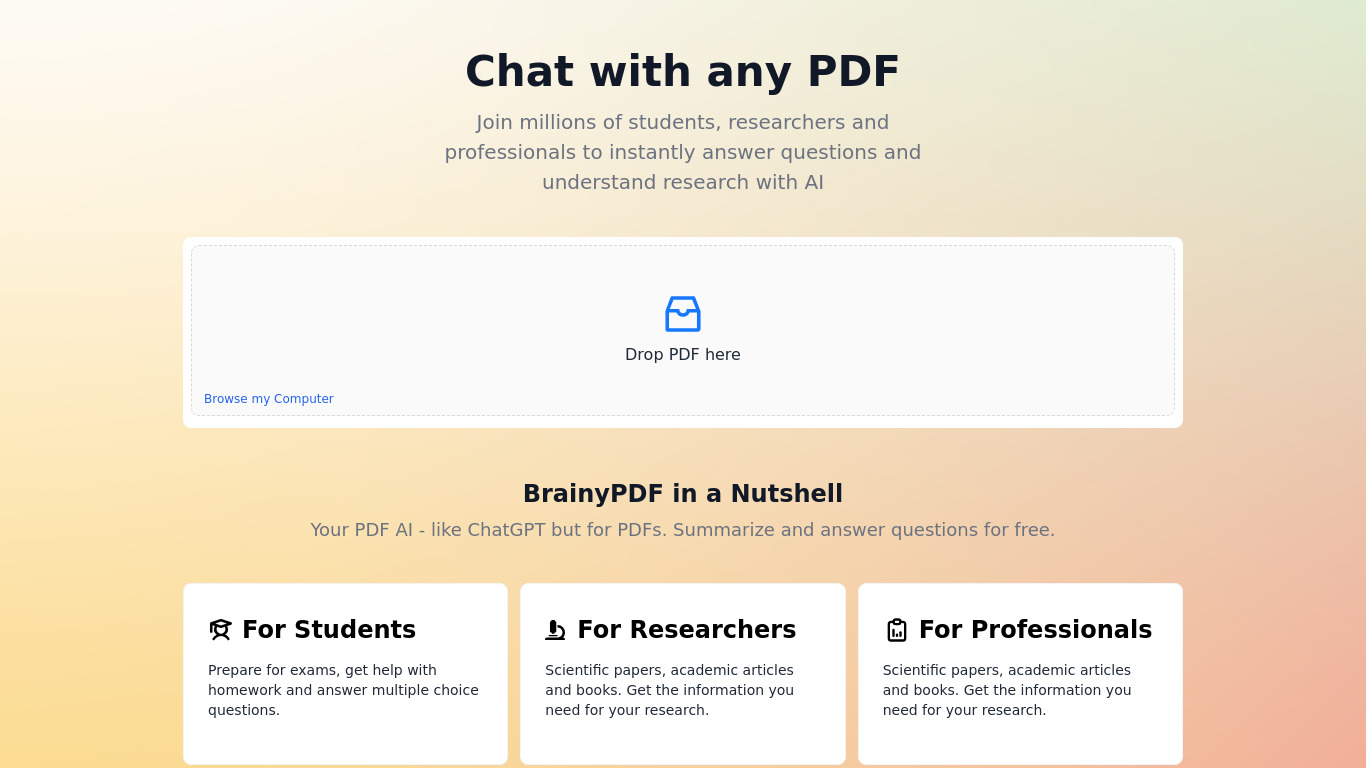 BrainyPDF: Chat with any PDF Landing page