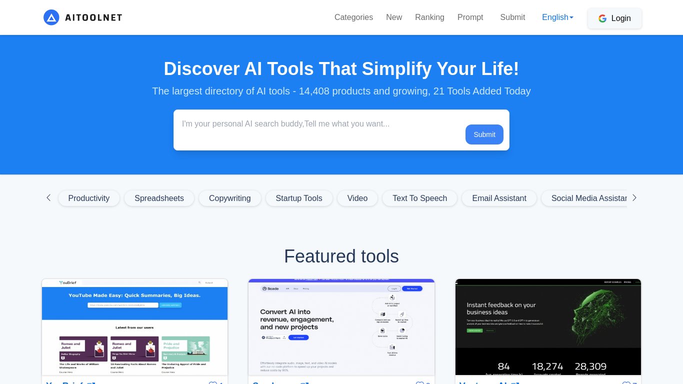aitoolnet Landing page