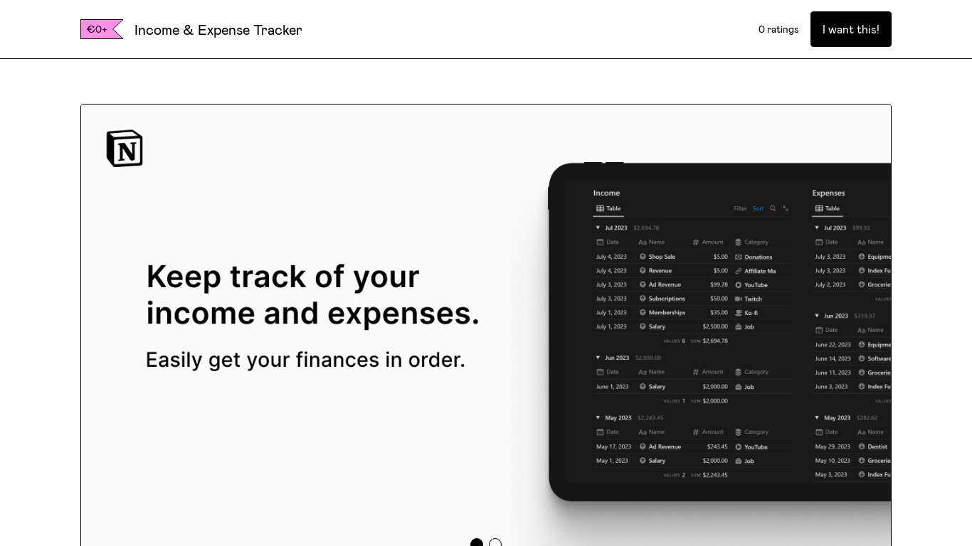 Notion Income & Expense Tracker Landing page
