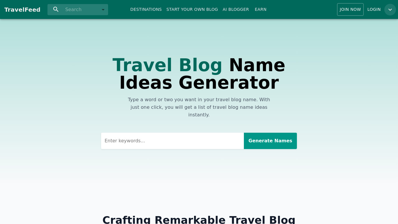 Travel Blog Name Ideas Generator Landing page