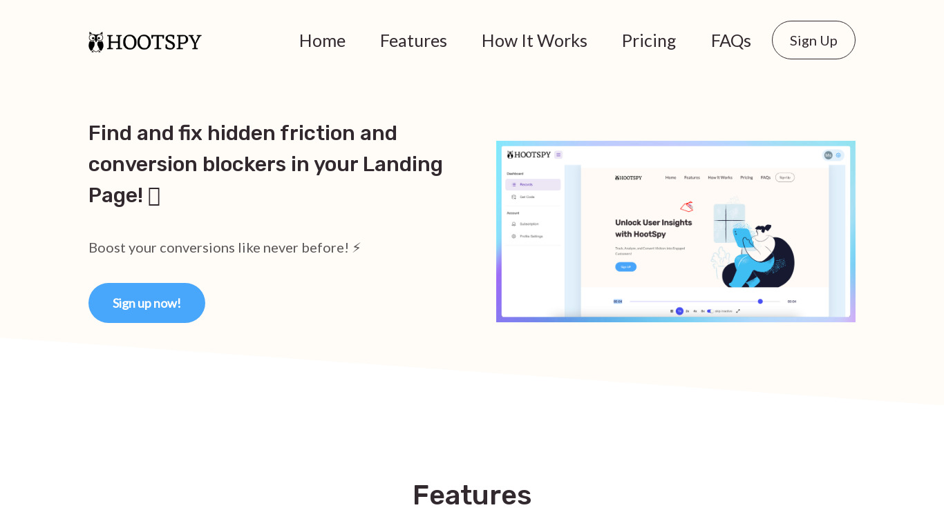HootSpy Landing page