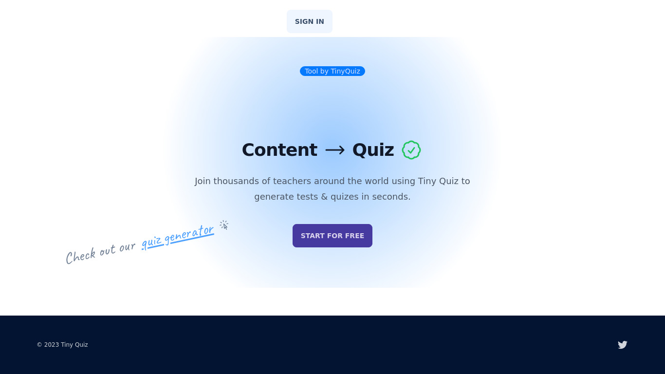 Article Summarizer by TinyQuiz Landing page