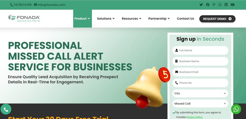 Fonada Missed Call Alerts Landing Page