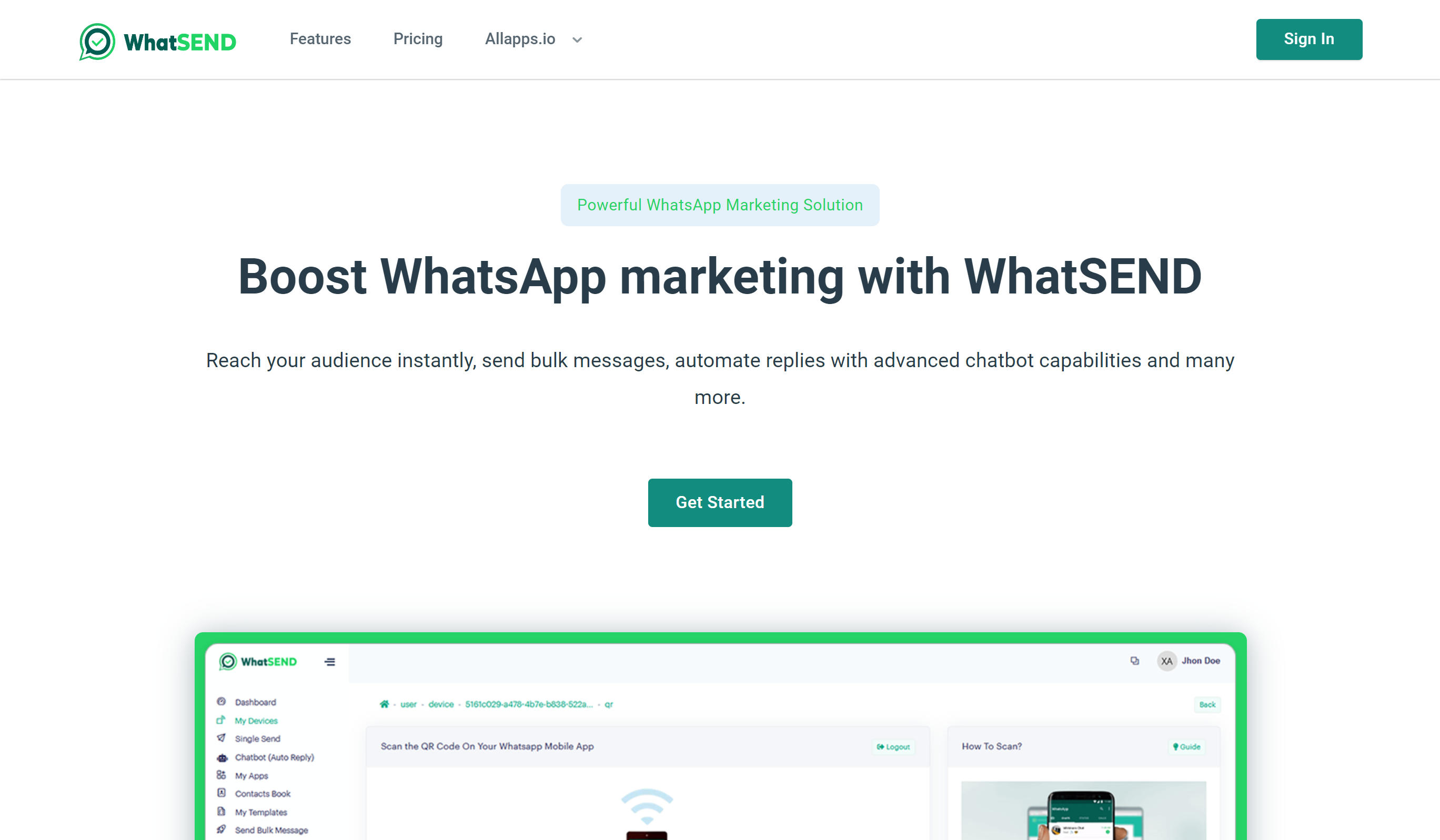 WhatSEND by AllApps.Io Landing page