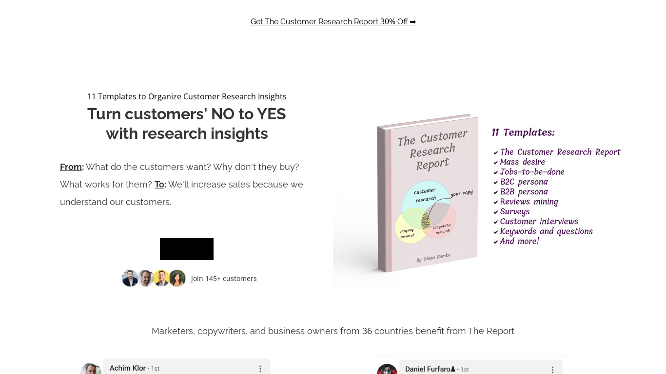 The Customer Research Report Landing page