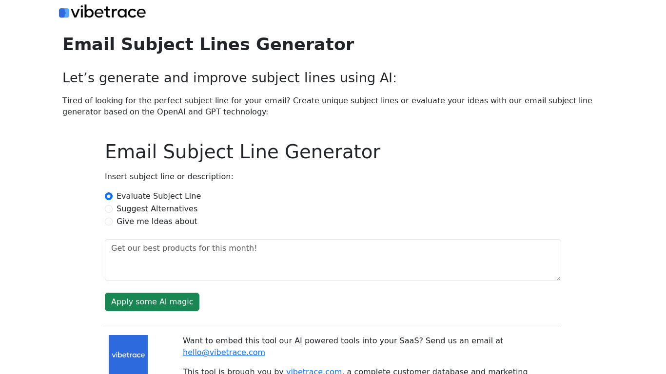 Email Subject Lines Generator Landing page