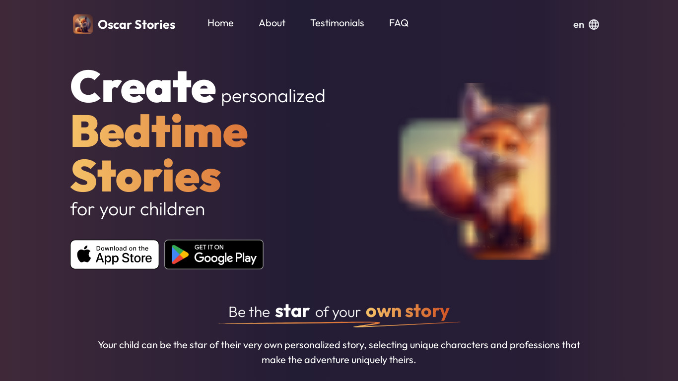 Oscar personal bedtime stories for kids Landing page